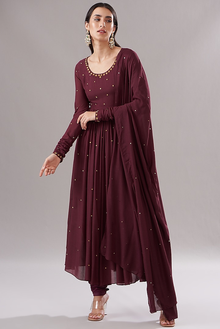 Maroon Cotton Modal Embroidered Anarkali Set by The House of Ta-Ya