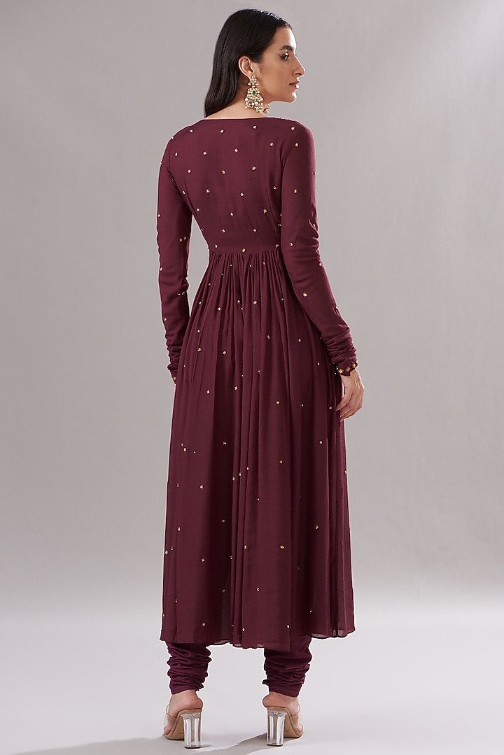 Maroon Cotton Modal Embroidered Party Wear Anarkali Set by The House of Ta-Ya at Pernia's Pop Up Shop