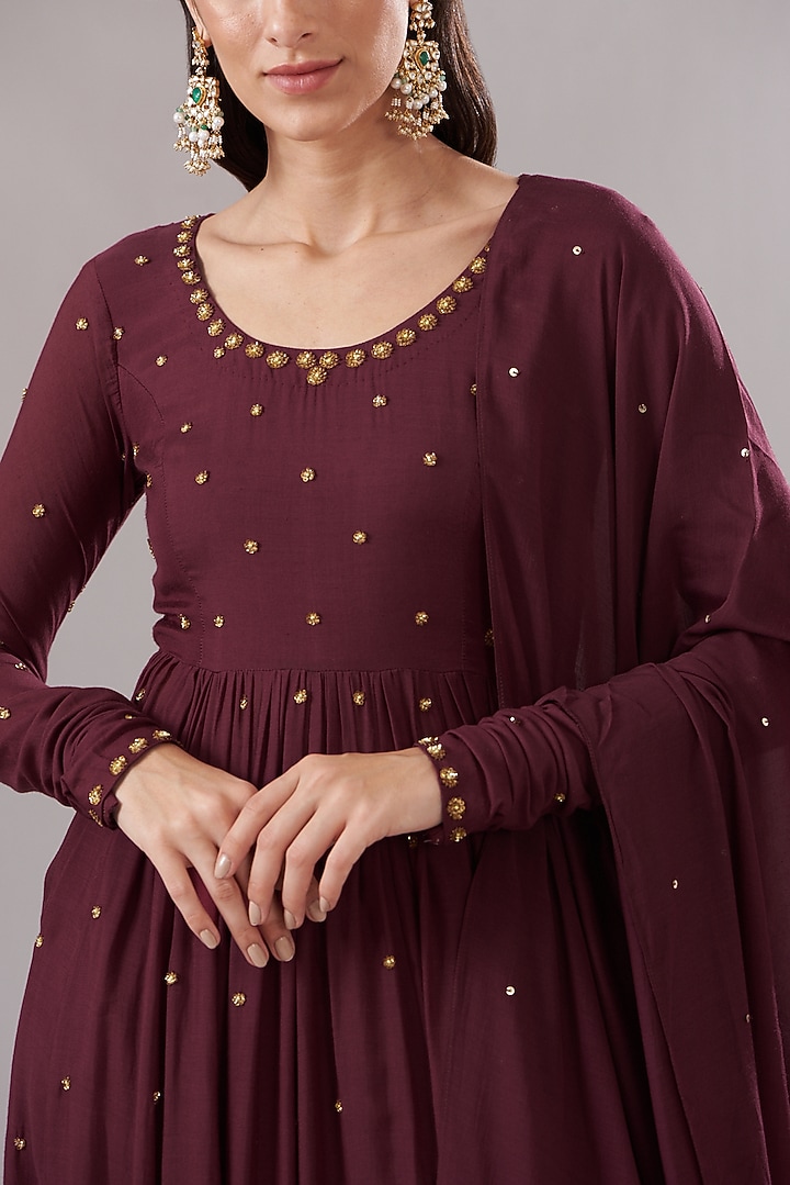 Maroon Cotton Modal Embroidered Party Wear Anarkali Set by The House of Ta-Ya at Pernia's Pop Up Shop