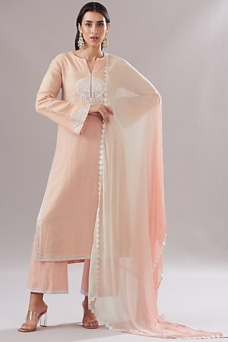 Peach Linen Embroidered Kurta Set by The House of Ta-Ya