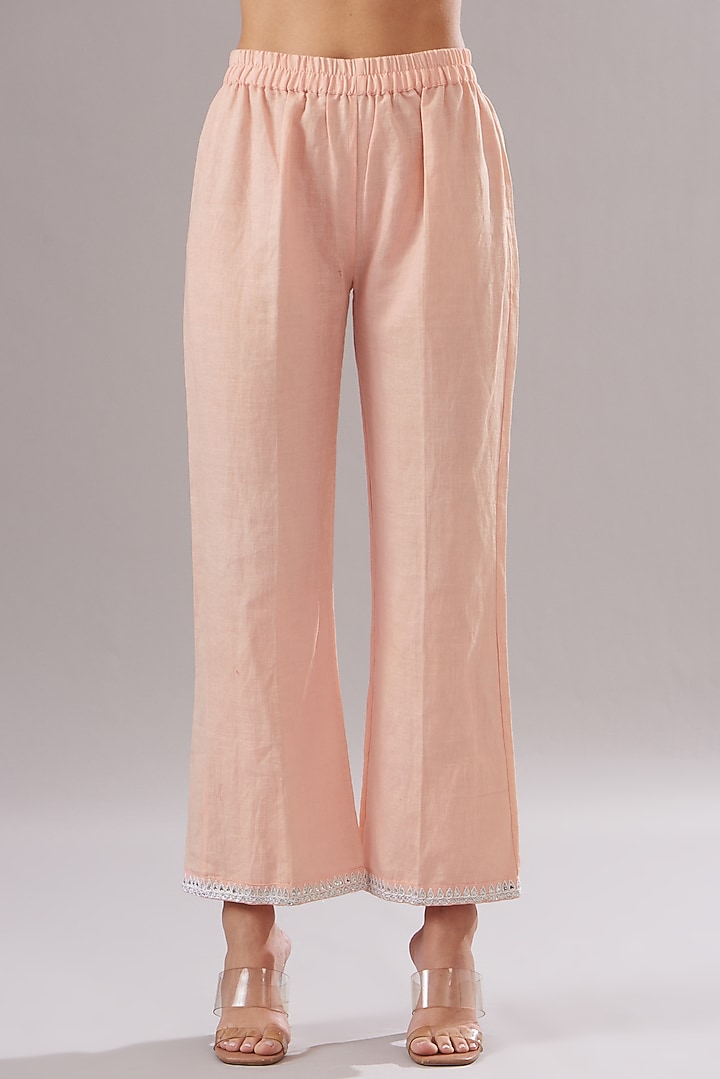Peach Linen Embroidered Kurta Set by The House of Ta-Ya at Pernia's Pop Up Shop