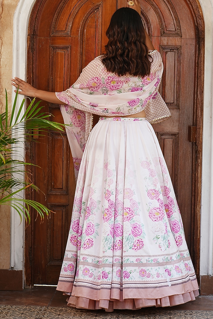 Blush Pink Cotton Satin Floral Printed & Tassels Wedding Lehenga Set by The House of Ta-Ya at Pernia's Pop Up Shop