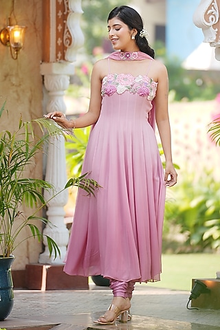 Ombre Georgette Floral Embroidered Spaghetti Anarkali Set by The House of Ta-Ya
