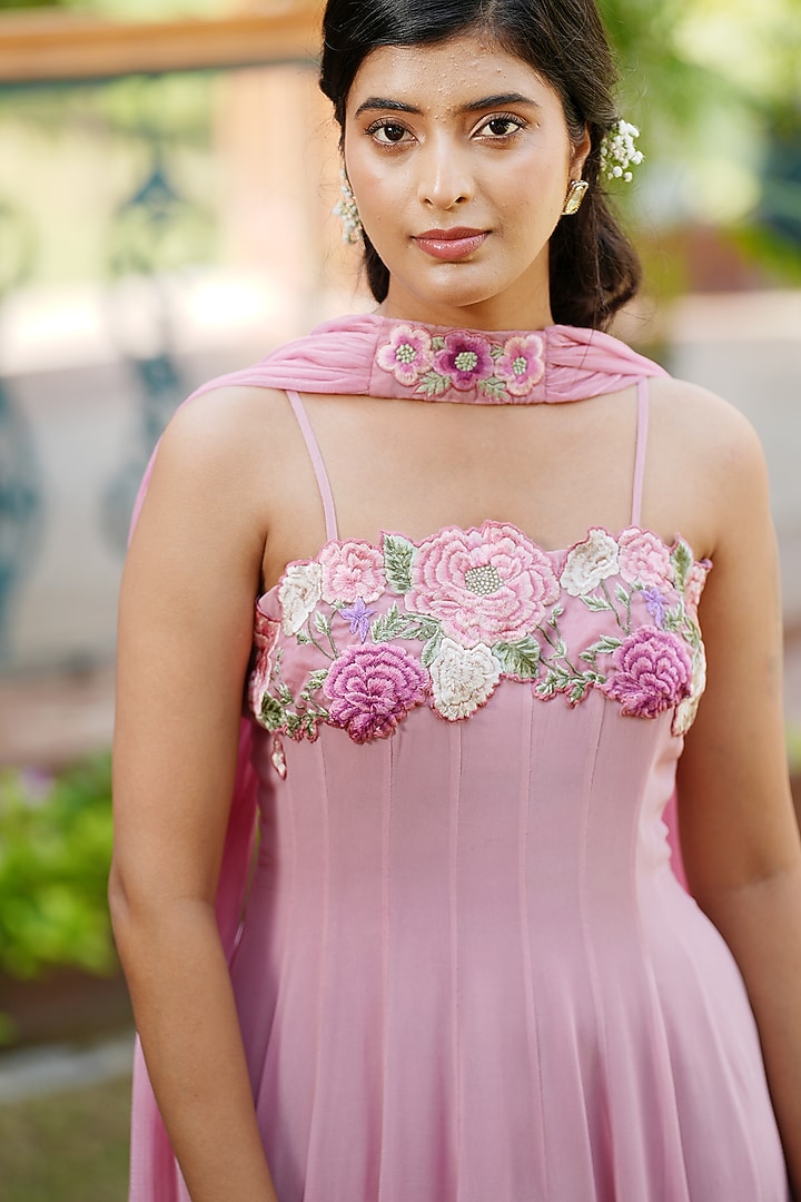 Ombre Georgette Floral Embroidered Spaghetti Party Wear Anarkali Set by The House of Ta-Ya at Pernia's Pop Up Shop