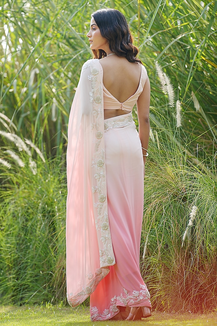 Peach Georgette Hand Embroidered Ombre Wedding Saree Set by The House of Ta-Ya at Pernia's Pop Up Shop