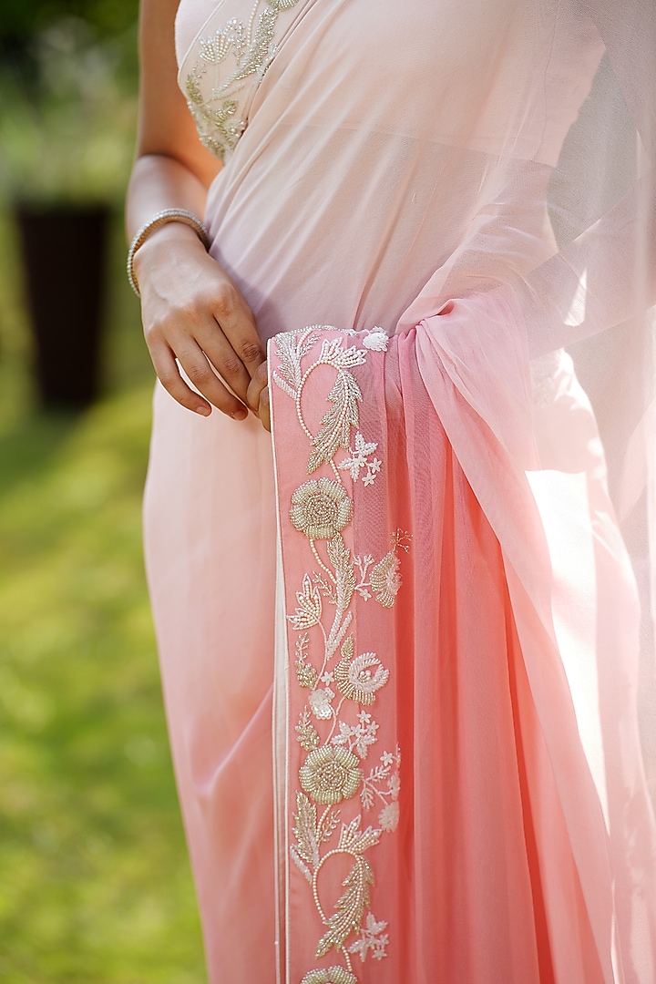 Peach Georgette Hand Embroidered Ombre Wedding Saree Set by The House of Ta-Ya at Pernia's Pop Up Shop