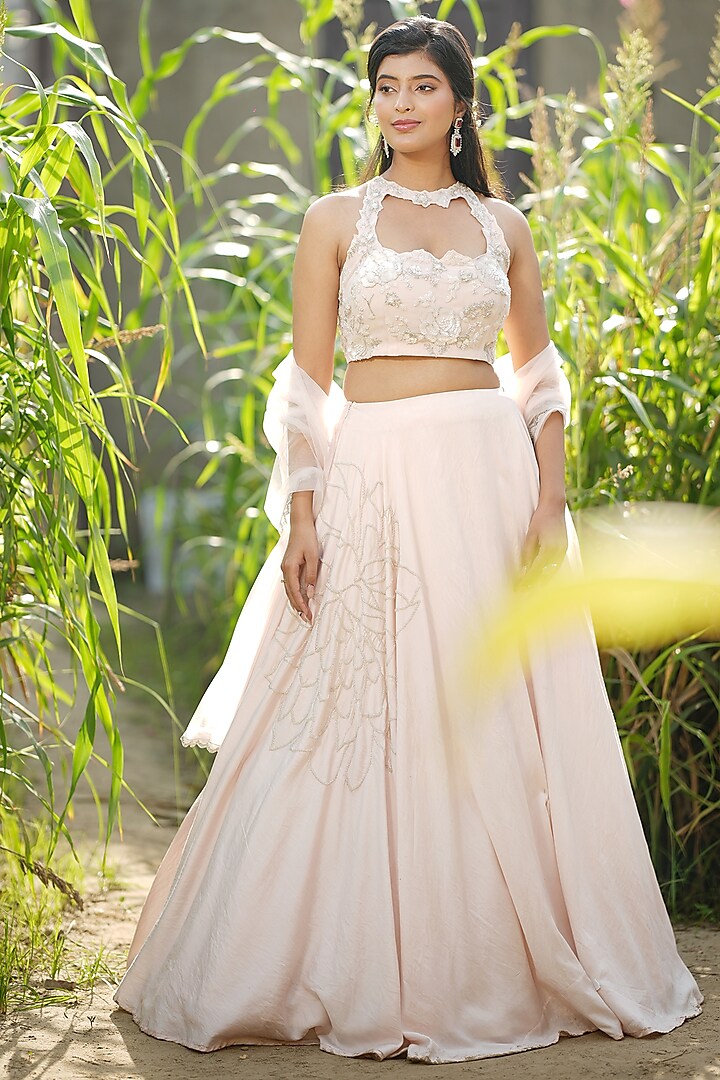 Blush Pink Cotton Silk Hand Embroidered Wedding Lehenga Set by The House of Ta-Ya at Pernia's Pop Up Shop