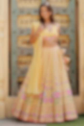 Misted Yellow Cotton Satin Printed & Hand Embroidered Wedding Lehenga Set by The House of Ta-Ya at Pernia's Pop Up Shop