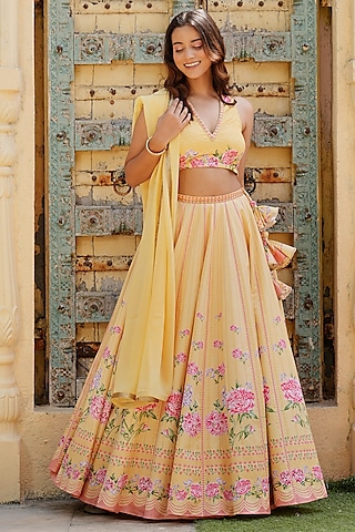 Misted Yellow Cotton Satin Printed & Hand Embroidered Lehenga Set by The House of Ta-Ya