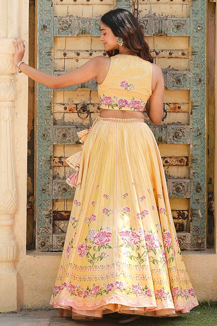 Misted Yellow Cotton Satin Printed & Hand Embroidered Wedding Lehenga Set by The House of Ta-Ya at Pernia's Pop Up Shop