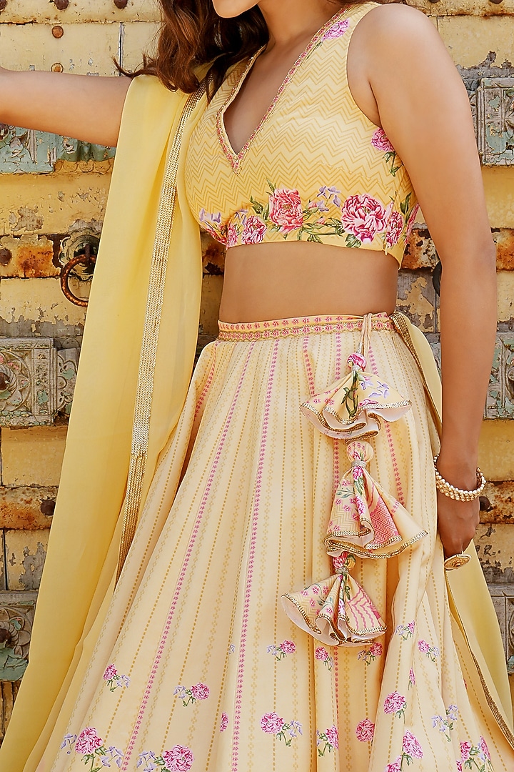 Misted Yellow Cotton Satin Printed & Hand Embroidered Wedding Lehenga Set by The House of Ta-Ya at Pernia's Pop Up Shop