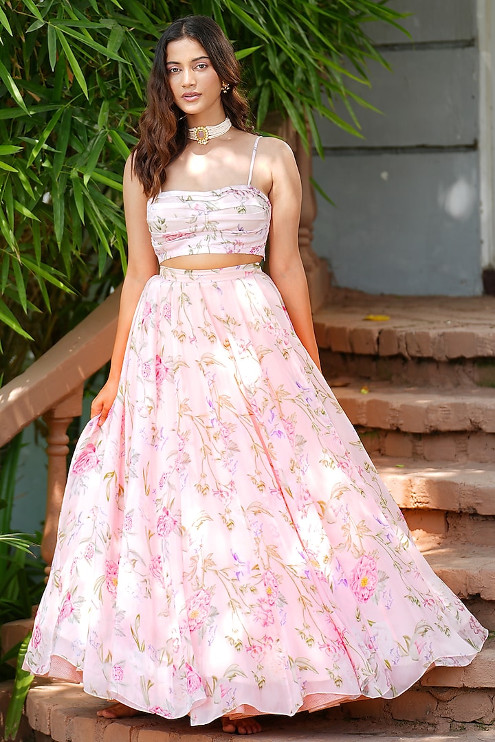 Blush Pink Cotton Silk Floral Printed Lehenga Set by The House of Ta-Ya