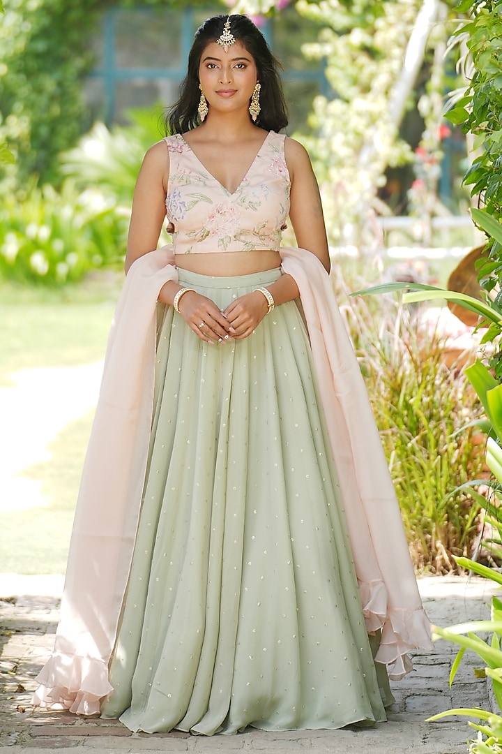 Sage Green Georgette Sequins Embellished Lehenga Set by The House of Ta-Ya at Pernia's Pop Up Shop