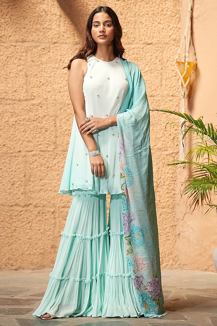 Turquoise Blue Georgette Embroidered Flared Kurta Set by The House of Ta-Ya