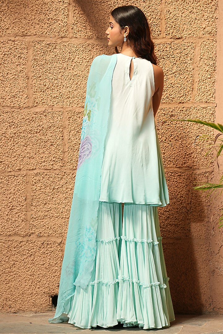 Turquoise Blue Georgette Embroidered Flared Kurta Set by The House of Ta-Ya at Pernia's Pop Up Shop