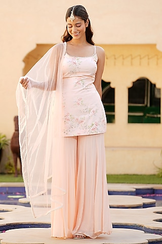 Blush Pink Cotton Satin Printed & Cutdana Embroidered Kurta Set by The House of Ta-Ya