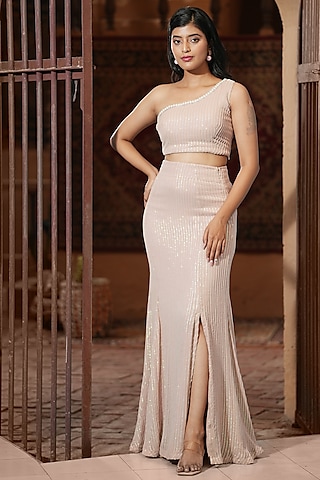 Beige Rose Georgette Fish-Cut Lehenga Set by The House of Ta-Ya