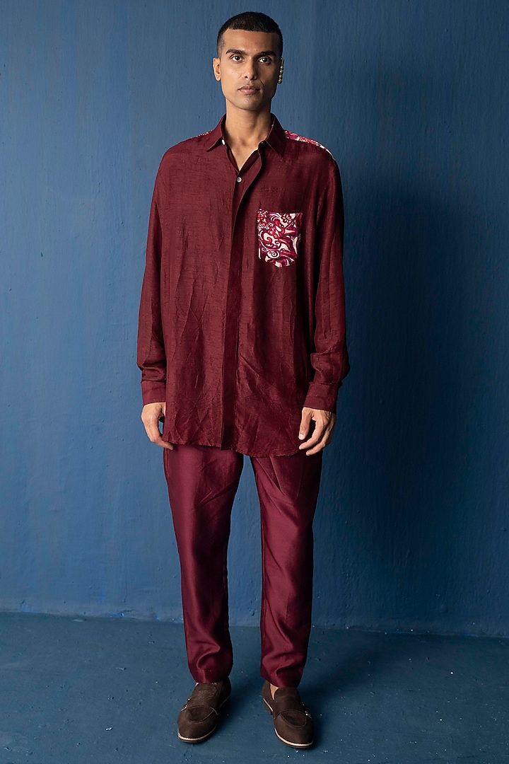 Maroon Swiss Silk Printed Shirt by Whencut Goddamn