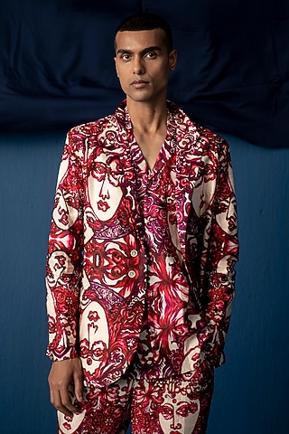 Red Bemberg Satin Printed Blazer by Whencut Goddamn