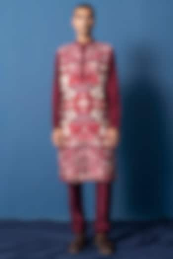 Red Bemberg Satin & Chanderi Printed Kurta by Whencut Goddamn