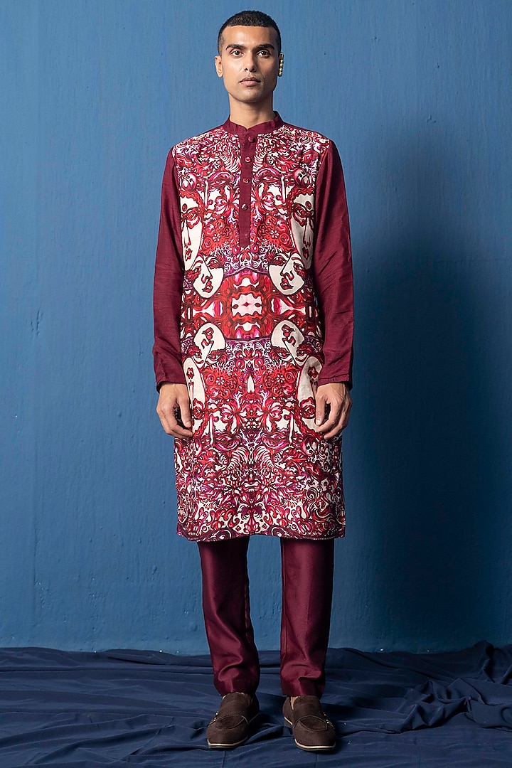 Red Bemberg Satin & Chanderi Printed Kurta by Whencut Goddamn at Pernia's Pop Up Shop