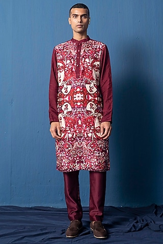 Red Bemberg Satin & Chanderi Printed Kurta by Whencut Goddamn