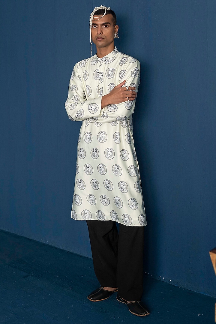 White Bemberg Satin Printed Kurta by Whencut Goddamn