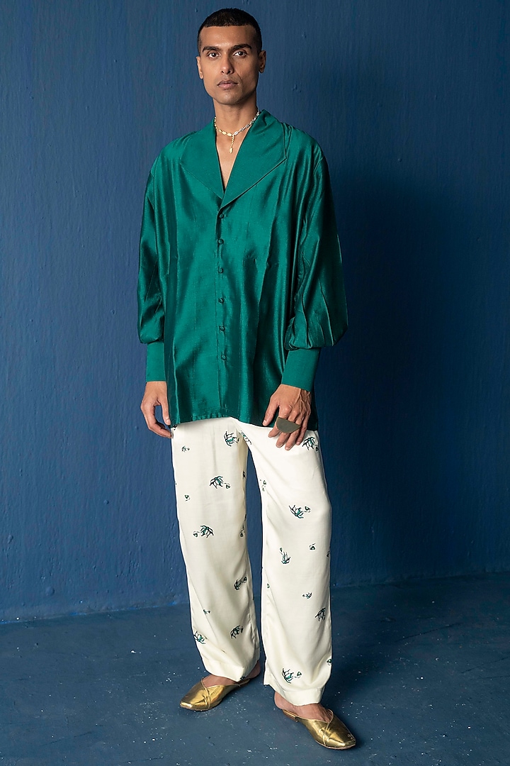 Green Bemberg Satin & Modal Satin Shirt by Whencut Goddamn at Pernia's Pop Up Shop