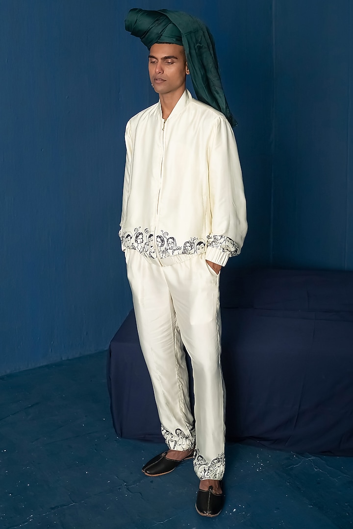 Off-White Bemberg Satin & Modal Satin Printed Bomber Jacket by Whencut Goddamn at Pernia's Pop Up Shop