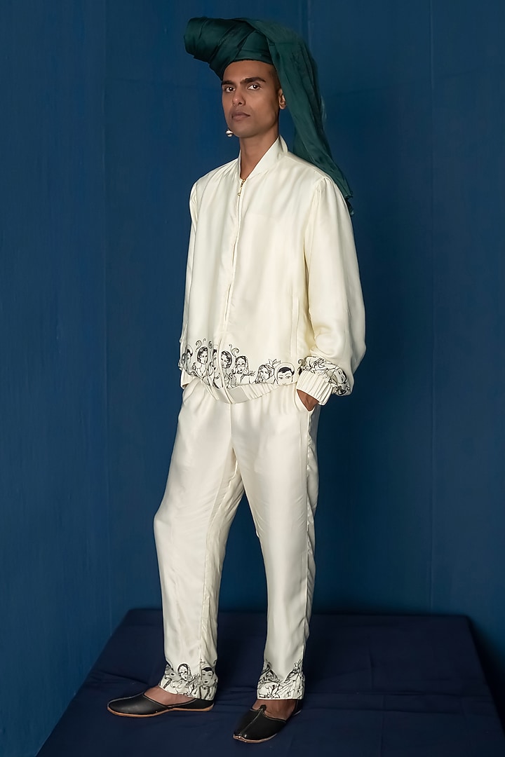 Off-White Bemberg Satin & Modal Satin Printed Bomber Jacket by Whencut Goddamn at Pernia's Pop Up Shop