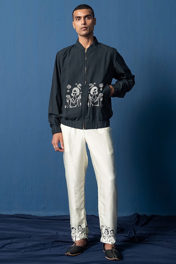 Black Khadi Embroidered Bomber Jacket by Whencut Goddamn at Pernia's Pop Up Shop