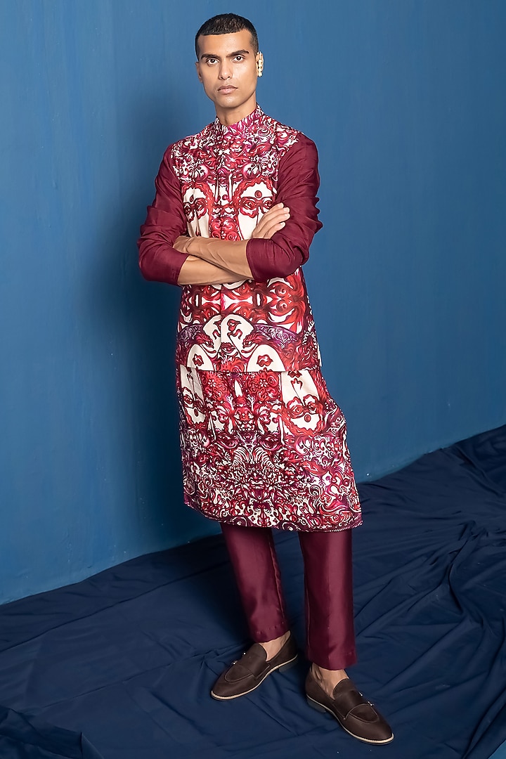 Red Bemberg Satin & Modal Satin Printed Bundi Jacket by Whencut Goddamn