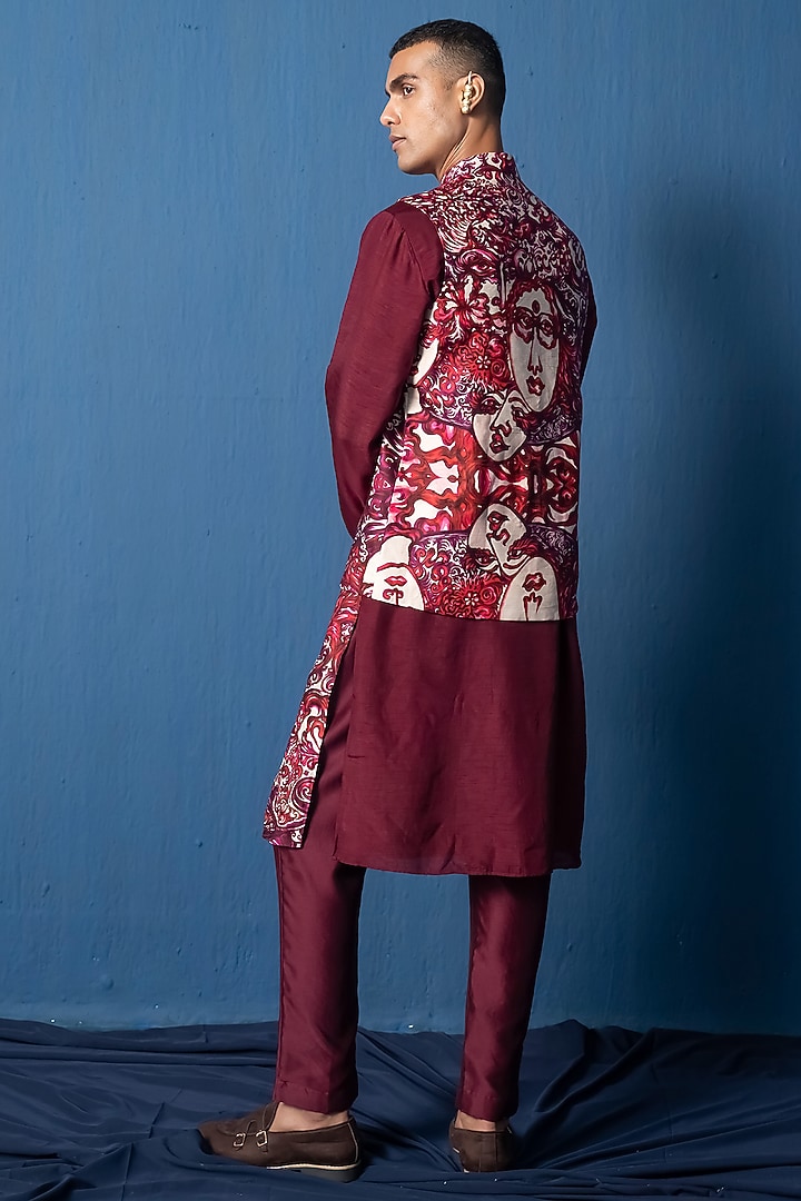 Red Bemberg Satin & Modal Satin Printed Bundi Jacket by Whencut Goddamn at Pernia's Pop Up Shop
