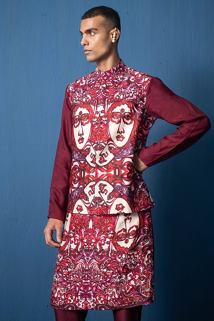 Red Bemberg Satin & Modal Satin Printed Bundi Jacket by Whencut Goddamn at Pernia's Pop Up Shop