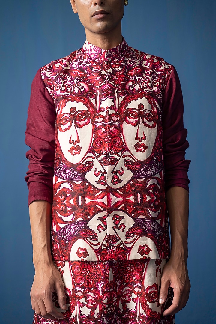 Red Bemberg Satin & Modal Satin Printed Bundi Jacket by Whencut Goddamn at Pernia's Pop Up Shop