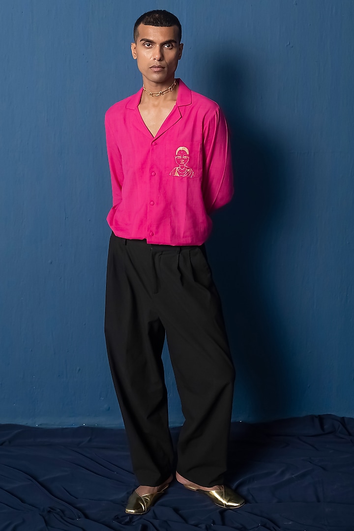 Hot Pink Cotton Khadi Embroiered Shirt by Whencut Goddamn