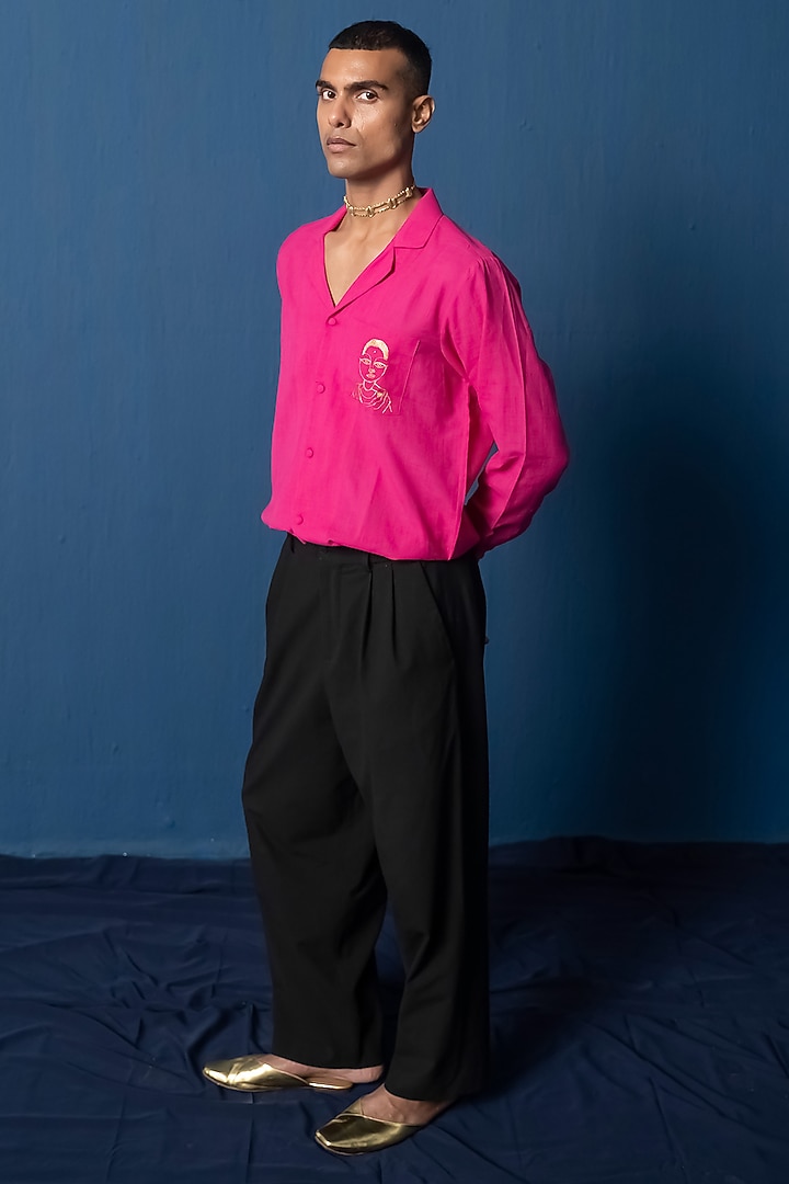 Hot Pink Cotton Khadi Embroiered Wedding Shirt by Whencut Goddamn at Pernia's Pop Up Shop