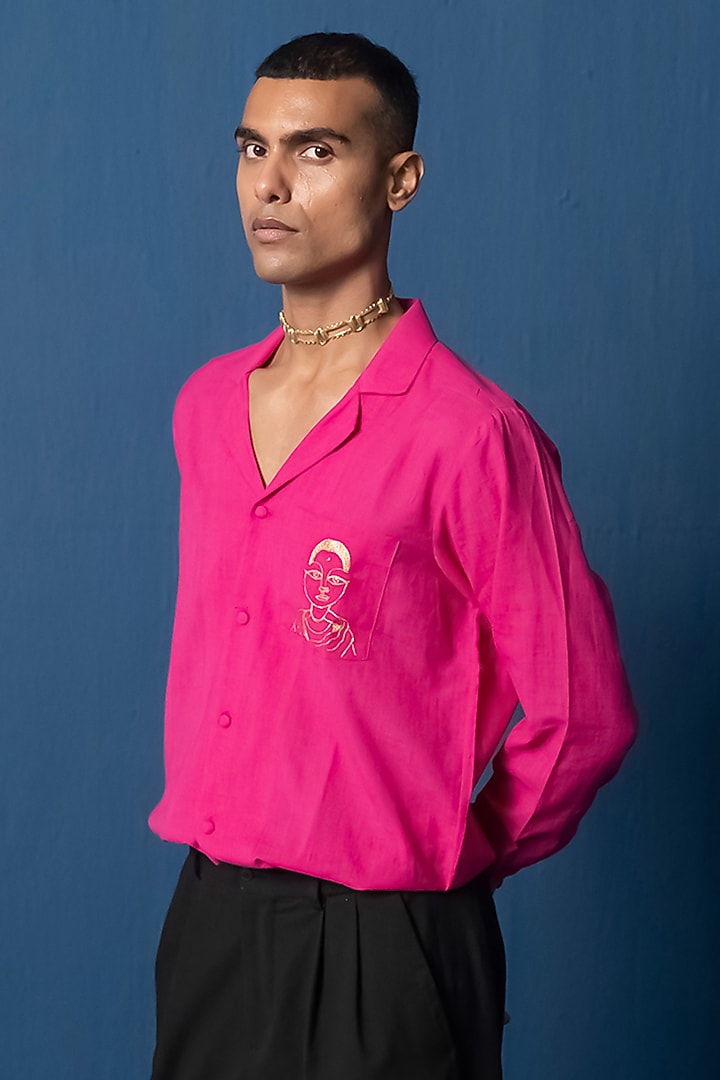 Hot Pink Cotton Khadi Embroiered Wedding Shirt by Whencut Goddamn at Pernia's Pop Up Shop