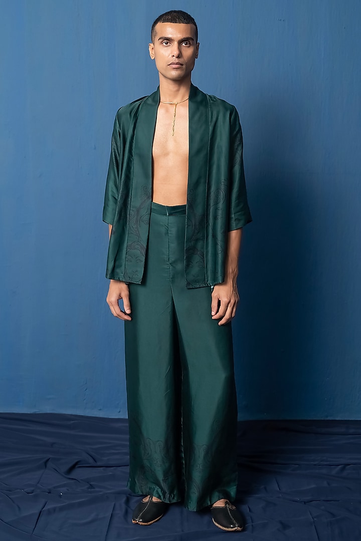 Bottle Green Bemberg Satin & Modal Satin Palazzo Pants by Whencut Goddamn at Pernia's Pop Up Shop