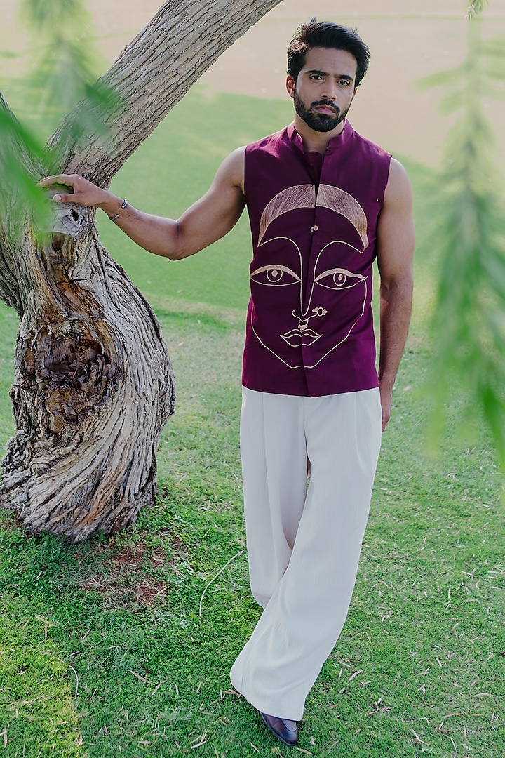 Maroon Swiss Silk Zari Embroidered Waistcoat by Whencut Goddamn at Pernia's Pop Up Shop