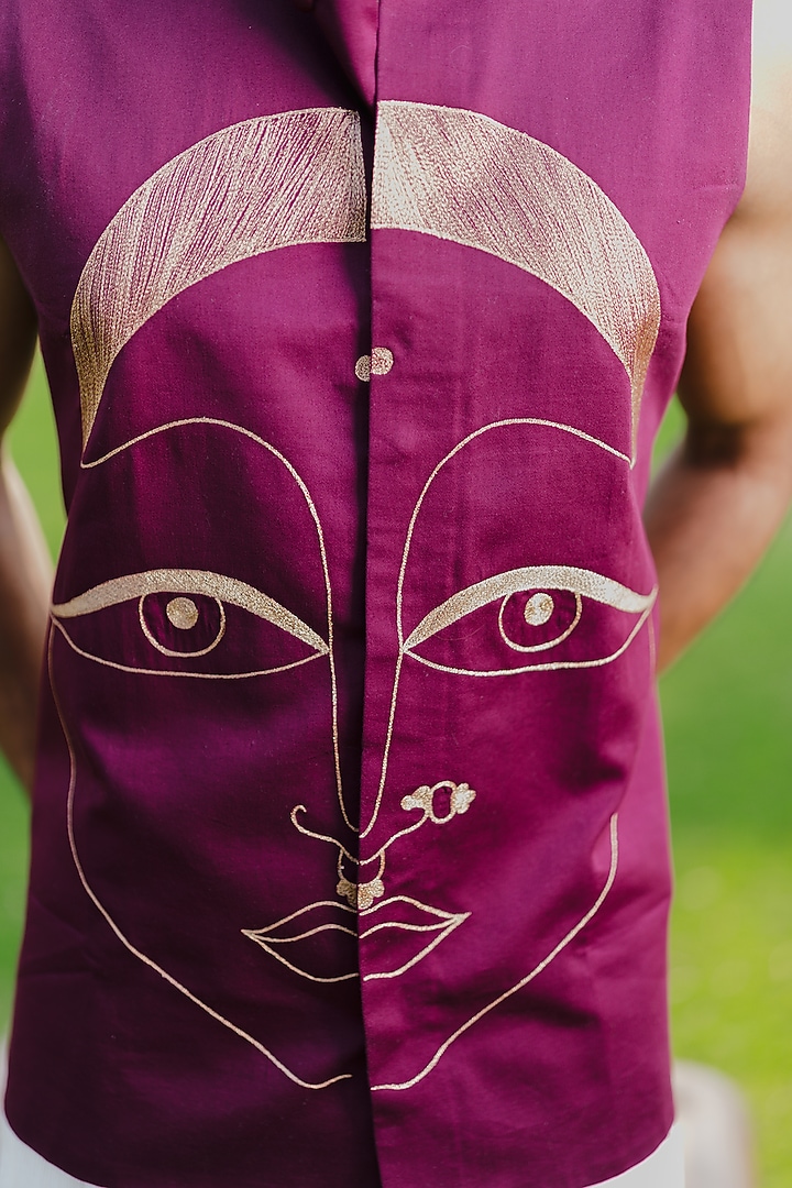 Maroon Swiss Silk Zari Embroidered Waistcoat by Whencut Goddamn at Pernia's Pop Up Shop