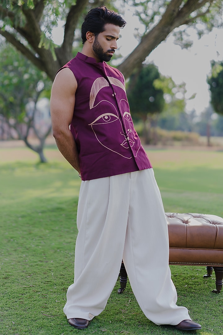 Maroon Swiss Silk Zari Embroidered Waistcoat by Whencut Goddamn at Pernia's Pop Up Shop