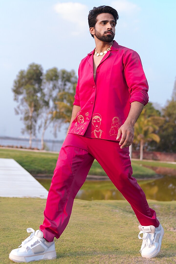 Hot Pink Swiss Silk Zari Embroidered Shacket by Whencut Goddamn at Pernia's Pop Up Shop