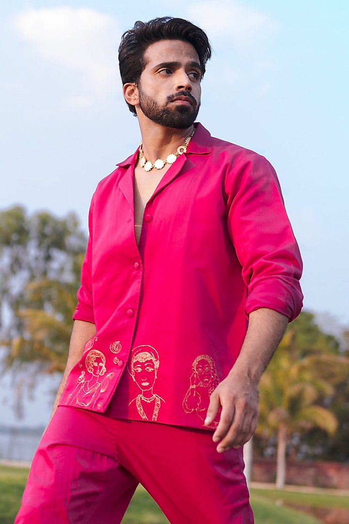 Hot Pink Swiss Silk Zari Embroidered Shacket by Whencut Goddamn