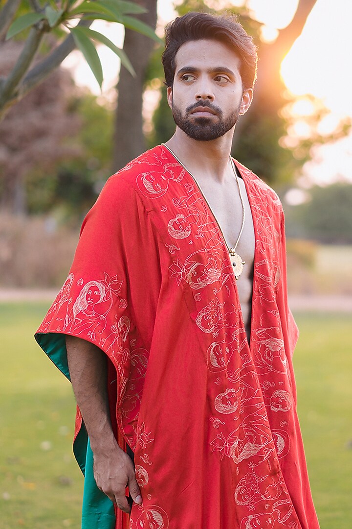 Orange & Green Bemberg Satin Zari Hand Embroidered Cape by Whencut Goddamn at Pernia's Pop Up Shop