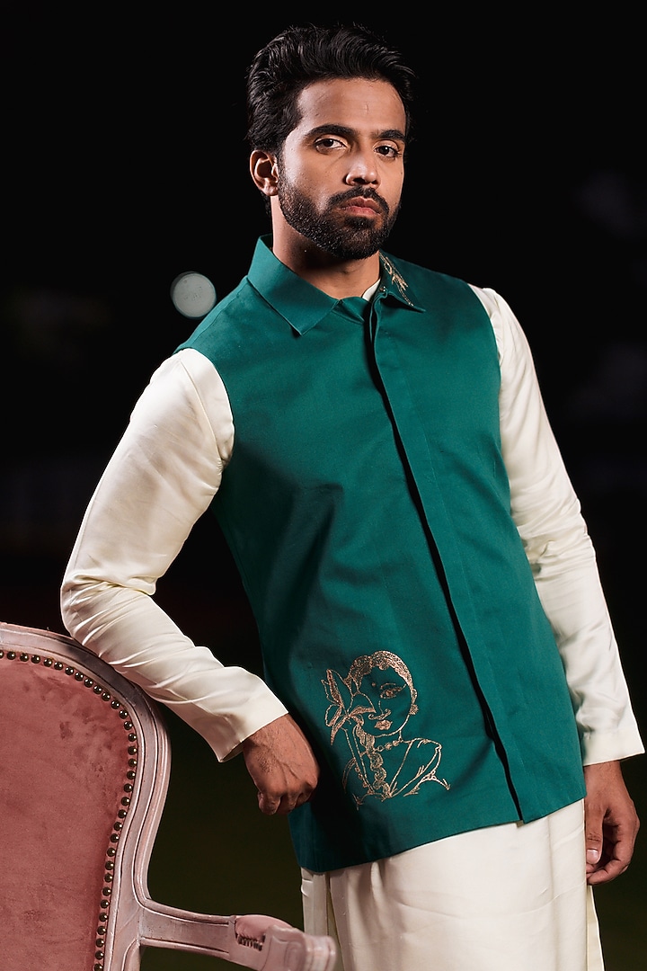 Pine Green Swiss Silk Nehru Jacket by Whencut Goddamn at Pernia's Pop Up Shop