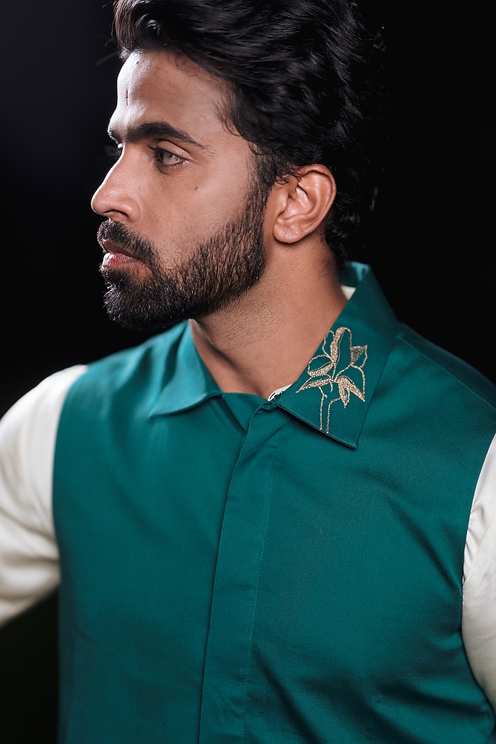 Pine Green Swiss Silk Nehru Jacket by Whencut Goddamn at Pernia's Pop Up Shop