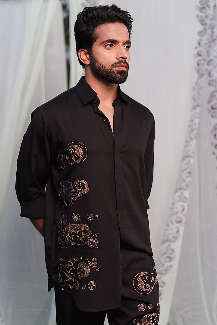 Black Swiss Silk Gold Embroidered Shirt by Whencut Goddamn