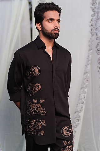 Black Swiss Silk Gold Embroidered Shirt by Whencut Goddamn