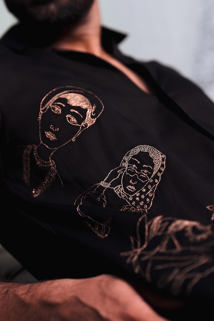 Black Swiss Silk Gold Embroidered Wedding Shirt by Whencut Goddamn at Pernia's Pop Up Shop